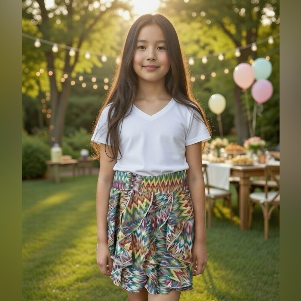 Rue21 Girls Ikat Uzbek Multi-Color Ruffles Skirt Lined Size Medium Uzbekistan